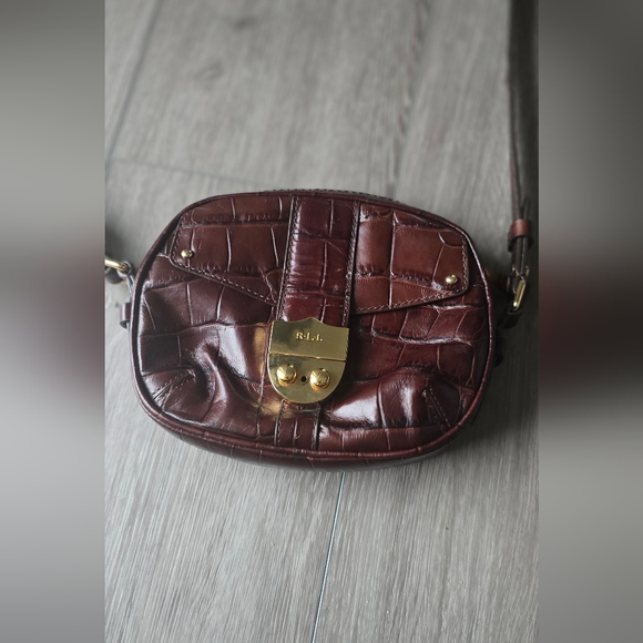Vintage Brown Lauren Ralph Lauren Croc Embossed Leather Crossbody Gold Hardware - Picture 16 of 16